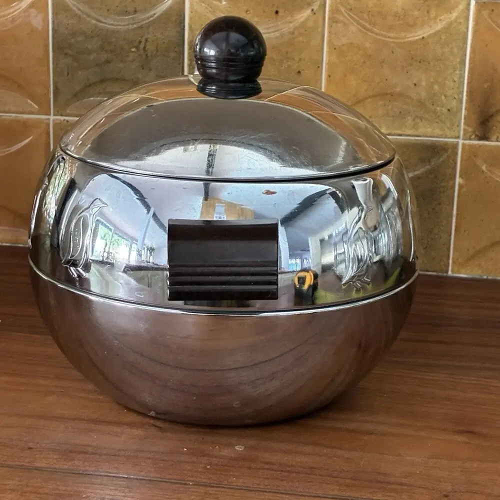 Vintage West Bend Penguin Hot Cold Server Ice Bucket Chrome w/ Bakelite Handles